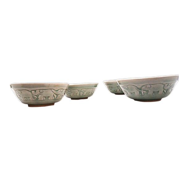 Set of 4 Baan Celadon ELEPHANTS Soup Bowls Green Glaze Pottery Rice Thailand - Picture 8 of 16